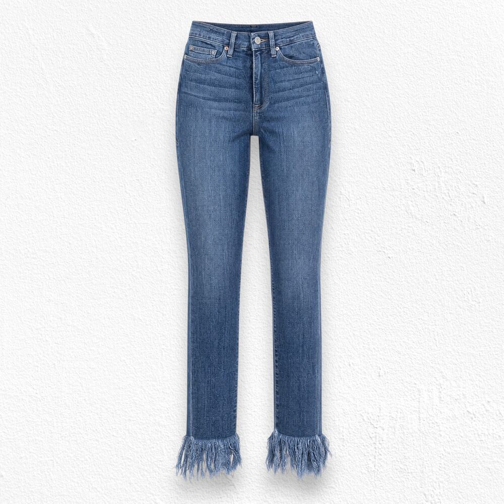 Good American Good Waist Medium Wash High Rise Fringe Hem Skinny Jeans Size 2/26